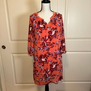 🟢Lucky Brand 3/4 Sleeve Coral Floral Knee Length Boho Dress & Slip V Neck Sz XS